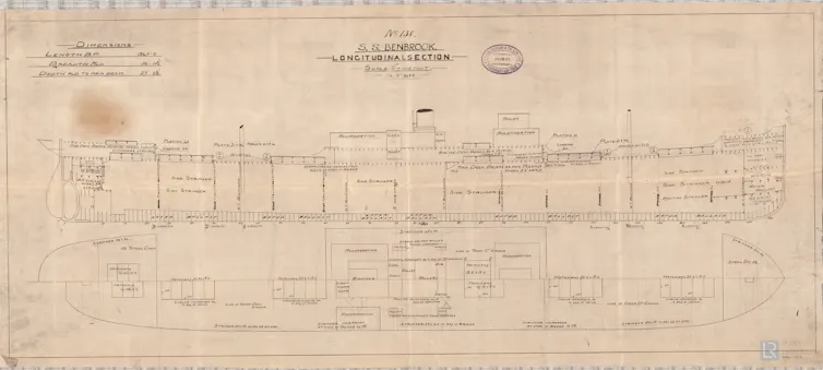 An old longitudinal section drawing of a ship.