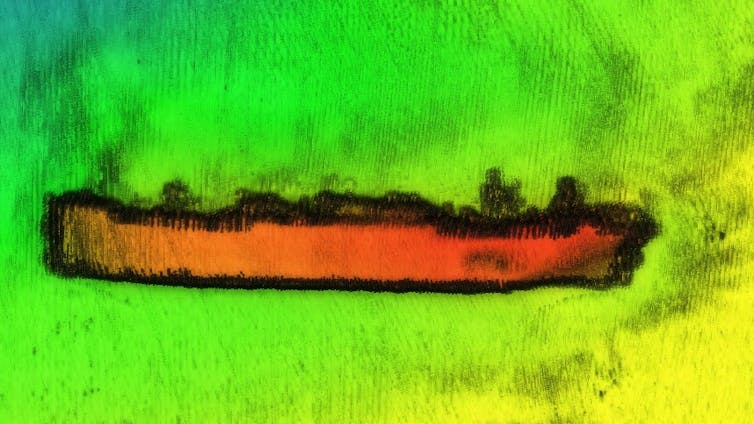 A sonar scan of a ship in orange, green and yellow.