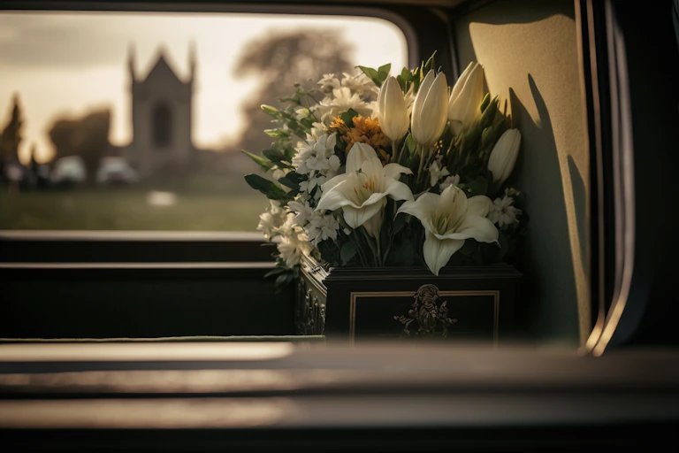 A floral arrangement in a herse.