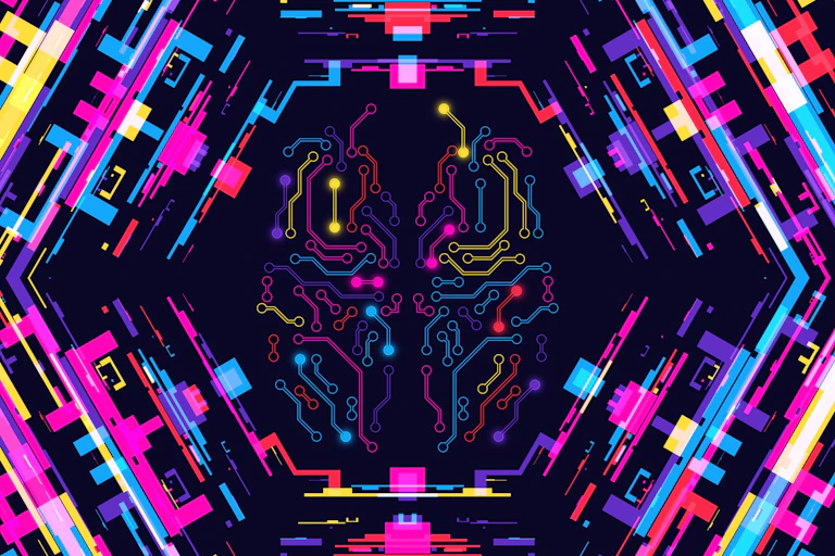 A colourful illustration of a brain, depicted as computer networks.
