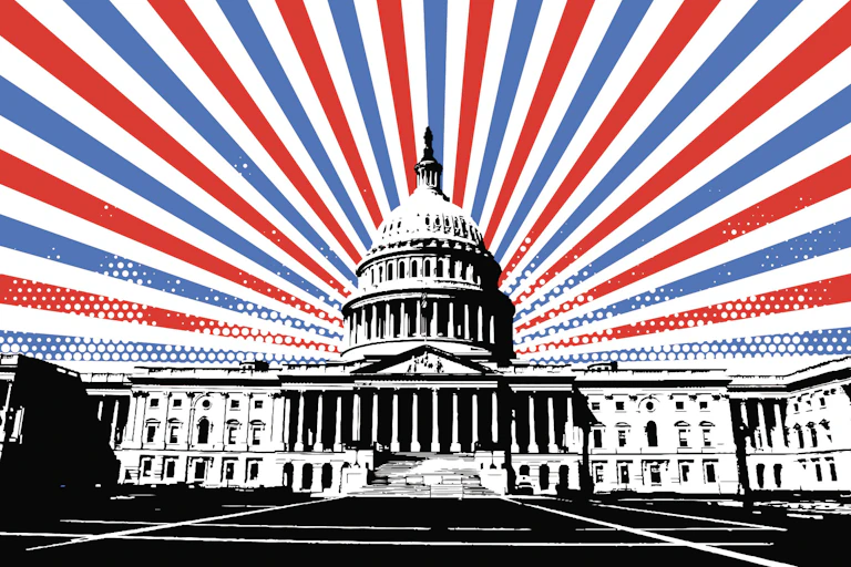 An image of the US Capitol emitting red and blue rays into the sky.
