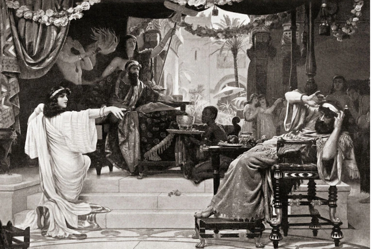 A black and white drawing of a woman in white robes pointing her finger at a recoiling, seated man with a beard.