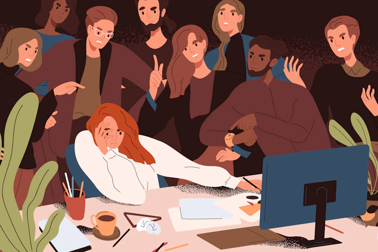 Vector illustration of a worker at her desk looking ashamed, while angry colleagues surround her