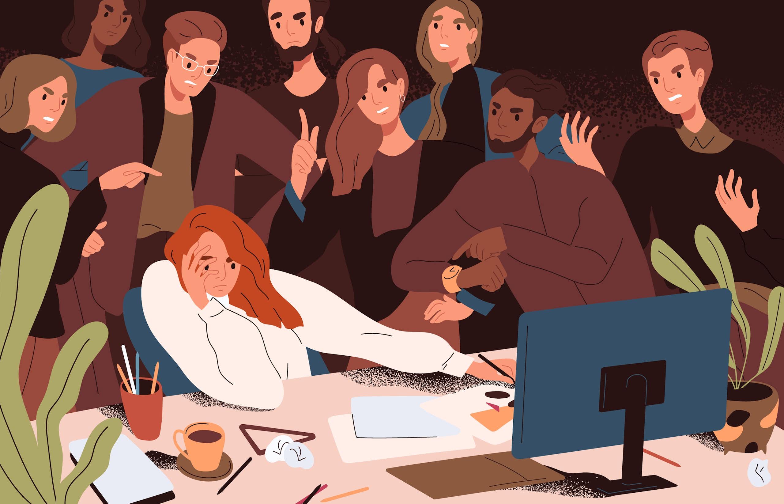 Vector illustration of a worker at her desk looking ashamed, while angry colleagues surround her