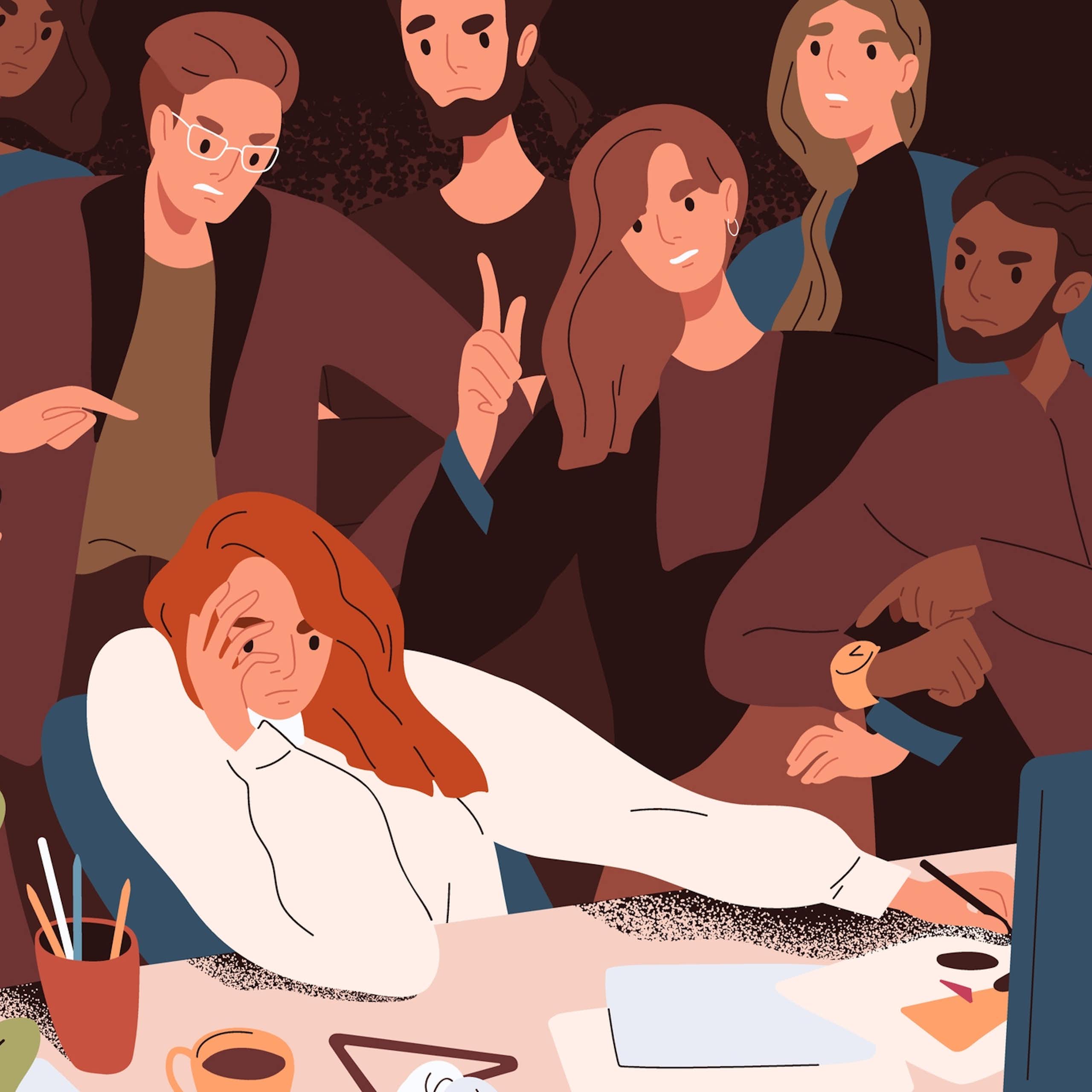 Vector illustration of a worker at her desk looking ashamed, while angry colleagues surround her