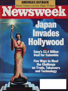 Newsweek magazine cover that reads 'Japan Invades Hollywood' and features a graphic of a woman in a kimono posing like the woman in the Columbia Pictures logo.