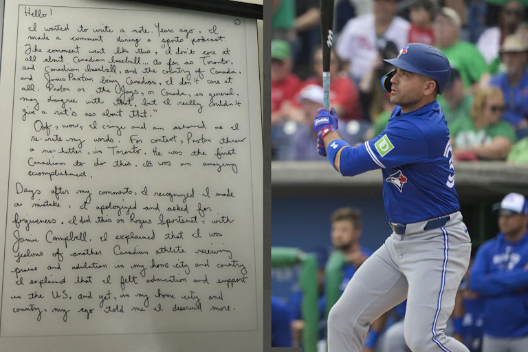 A copy of Joey Votto's letter is superimposed beside a picture of Votto batting in a spring training game.