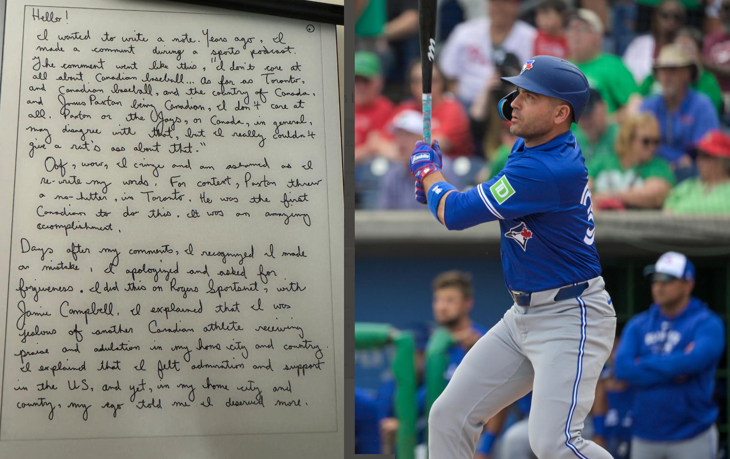A copy of Joey Votto's letter is superimposed beside a picture of Votto batting in a spring training game.