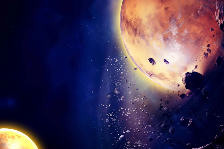 An artist's impression of a planet being torn to rubble and spiralling into a star.