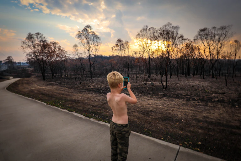 boy takes photo of fire-ravaged land
