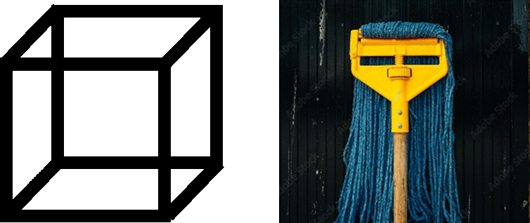 Wireframe drawing of a cube (left) and photo of mop that looks a bit like a person's face (right).