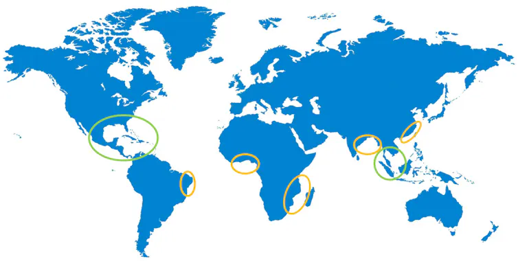 Areas potentially available for 'floating' mangrove forests