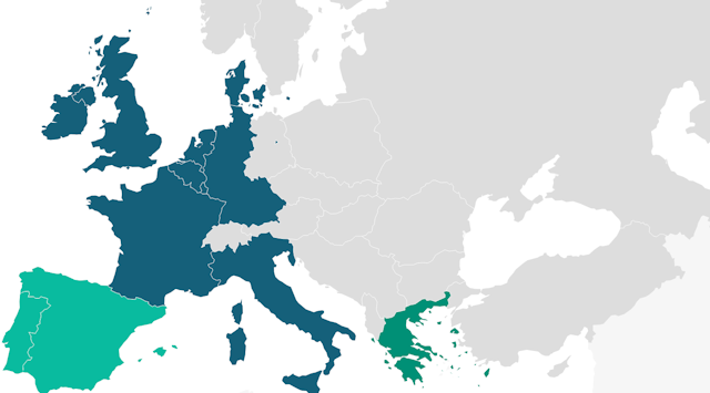 Carte de l'Europe des Neuf (en bleu) à laquelle viennent s'ajouter la Grèce, le Portugal et l'Espagne (en vert)