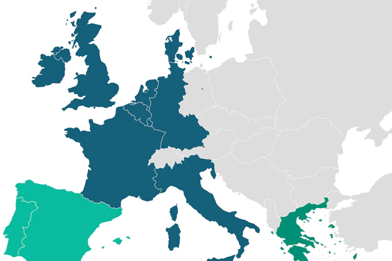 Carte de l'Europe des Neuf (en bleu) à laquelle viennent s'ajouter la Grèce, le Portugal et l'Espagne (en vert)