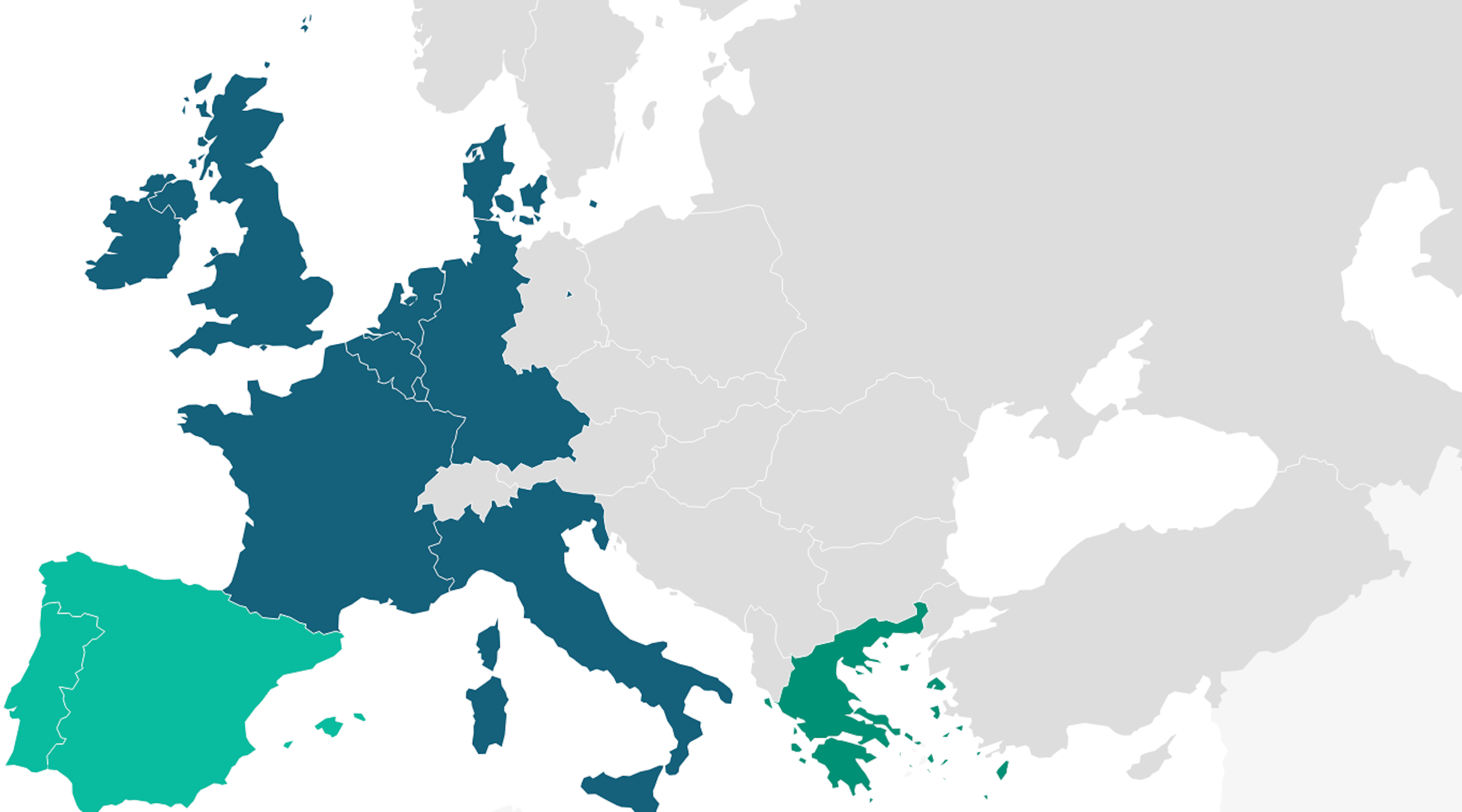 Carte de l'Europe des Neuf (en bleu) à laquelle viennent s'ajouter la Grèce, le Portugal et l'Espagne (en vert)