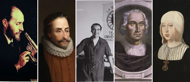 Cinco de los finalistas de _El mejor de la Historia_ en TVE ya fueron seleccionados por los escolares de 1934. De izquierda a derecha: retratos de Santiago Ramón y Cajal, Miguel de Cervantes, Federico García Lorca, Cristóbal Colón e Isabel I de Castilla (