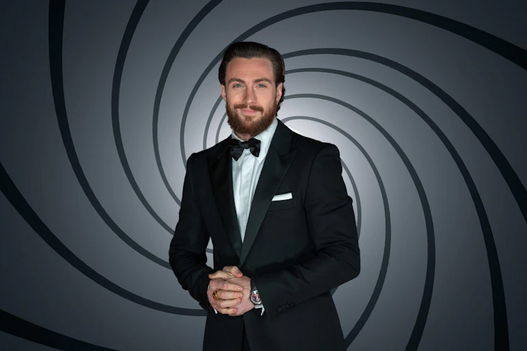 Aaron Taylor-Johnson against the Bond gun barrel background.