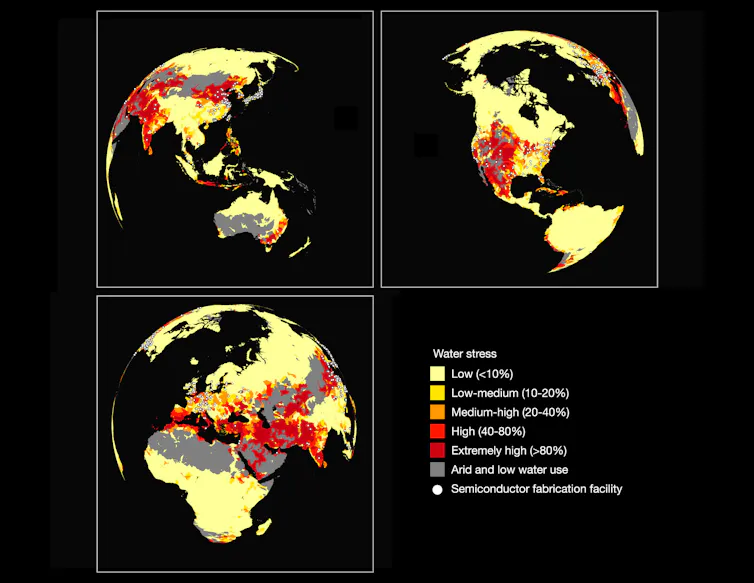 Three views of a globe showing continents and watersheds colour coded by water stress levels with semiconductor manufacturing locations