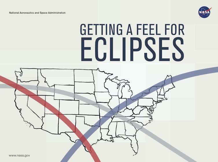 A map of the US with three curved lines stretching across, indicating the eclipses of 2024, 2023 and 2017.