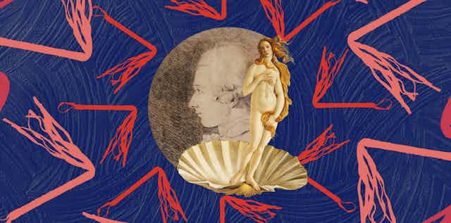 A composite image of Marquis de Sade with Venus from The Birth of Venus painting surrounded by red whips and a blue background