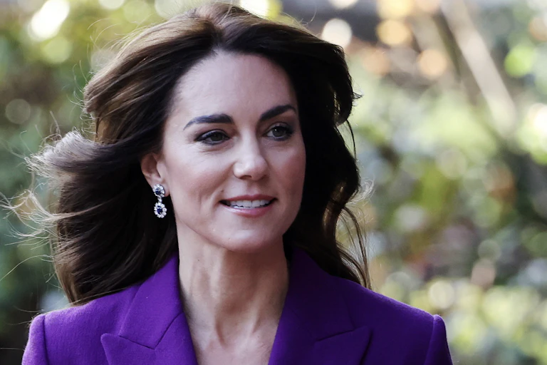 Catherine, Princess of Wales, wearing purple suit, outside