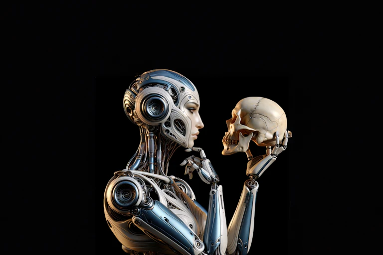 Humanoid robot looks intently at a human skull