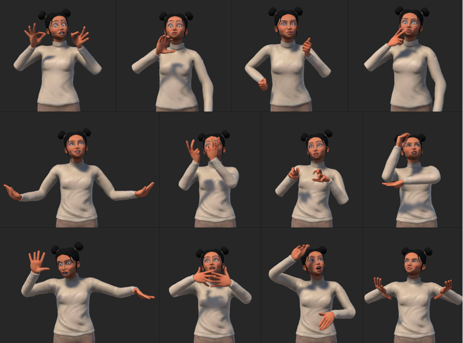 Série de capture d'écran montrant un avatar féminin formant différent signes.