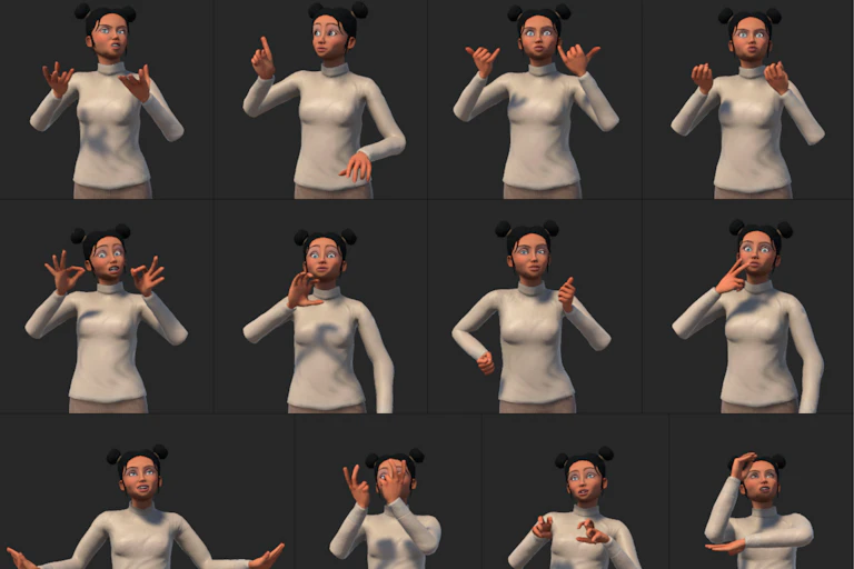 Série de capture d'écran montrant un avatar féminin formant différent signes.