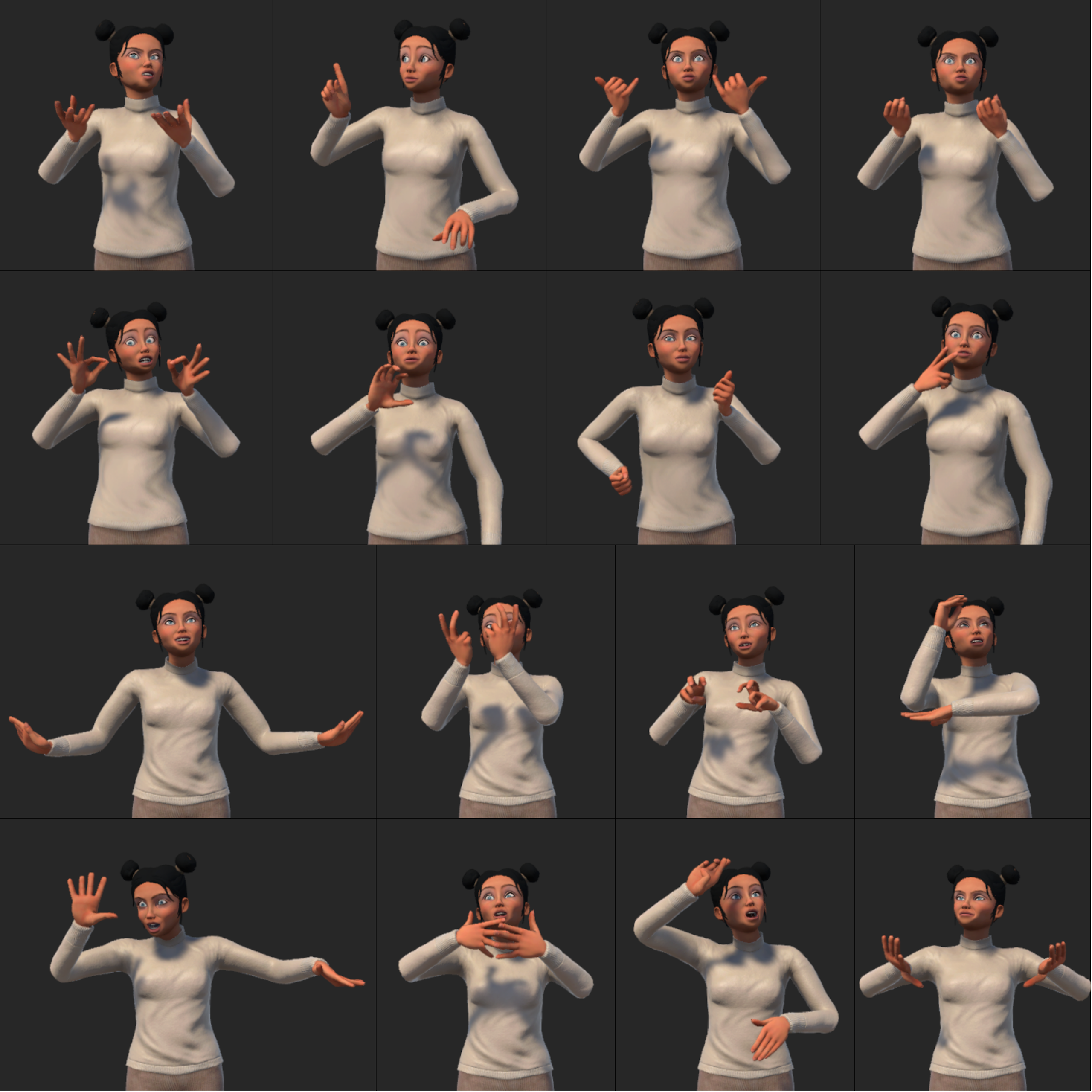 Série de capture d'écran montrant un avatar féminin formant différent signes.