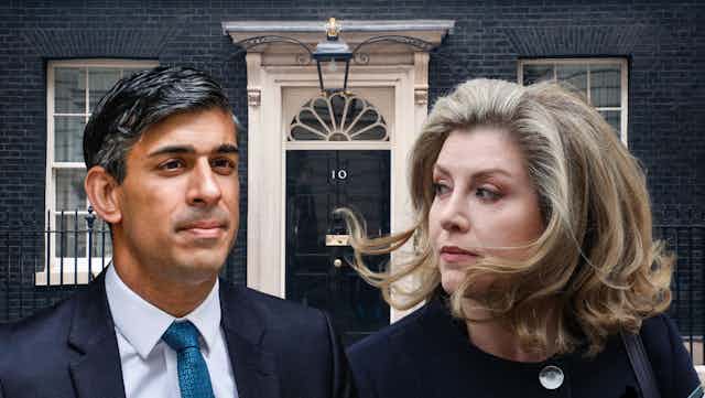 A composite image of Rishi Sunak and Penny Mordaunt's faces in front of a picture of 10 Downing Street.