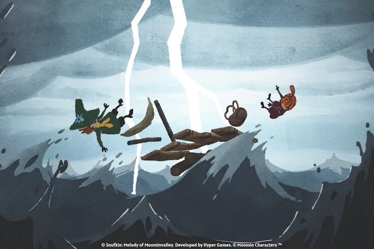 Graphic image of two characters falling off broken wooden raft into rough sea, white lightening in sky