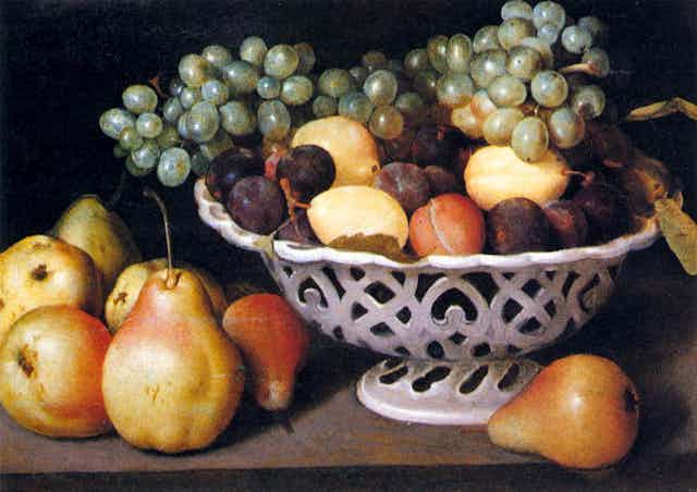 A still life painting of a bowl of fruit.