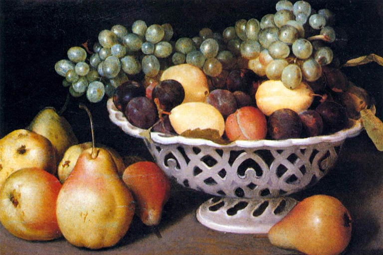 A still life painting of a bowl of fruit.