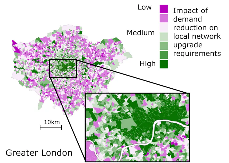 A colour map of London indicating how much demand reduction could ease network upgrade requirements.
