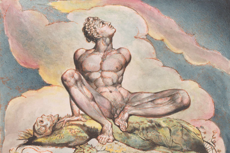An illustration of a naked man sitting on top of a prone skeleton on a cloud.cloud