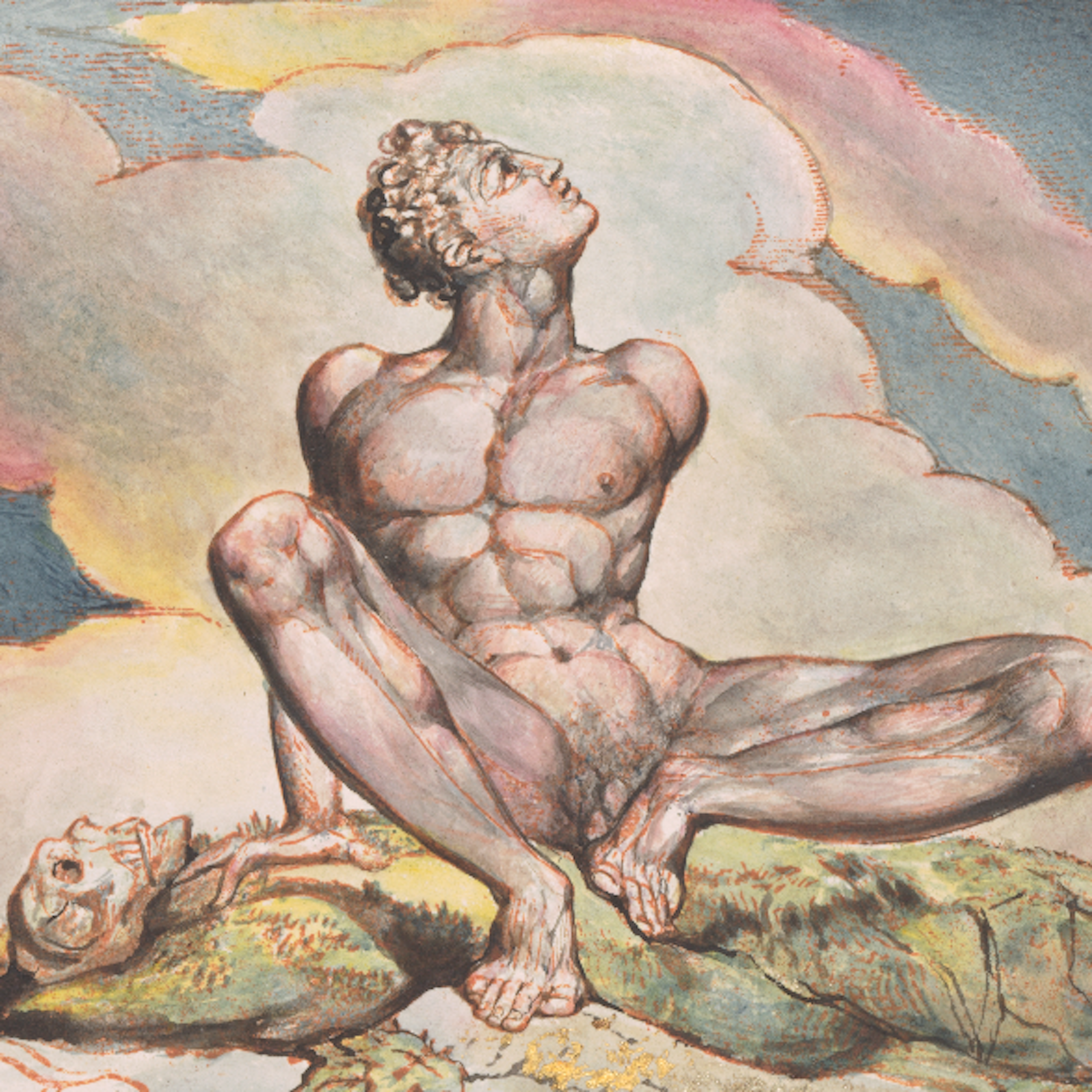 An illustration of a naked man sitting on top of a prone skeleton on a cloud.cloud