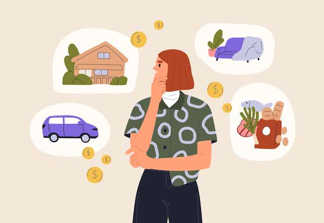 illustration of a cool, young woman thinking, surrounded by thought bubbles that depict coins going to a house, car, food and furniture
