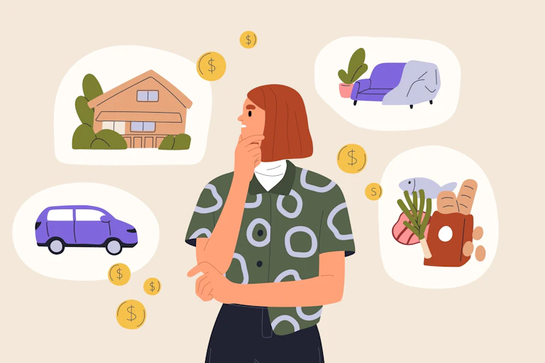 illustration of a cool, young woman thinking, surrounded by thought bubbles that depict coins going to a house, car, food and furniture