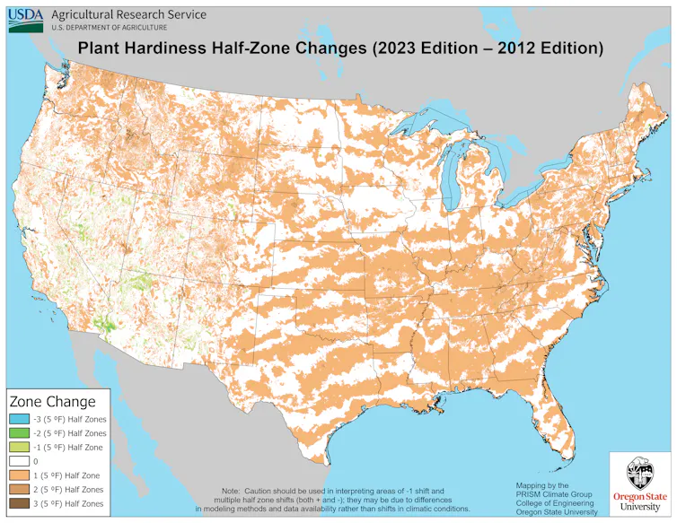 U.S. map showing large areas colored tan, denoting a 5-degree increase in average winter minimum temperatures.