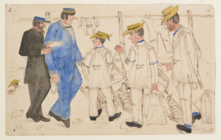 Illustration of convicts with two guards, the convicts are wearing white uniforms that say Medway, and flat, straw hats, very unlike the prisoners of today.