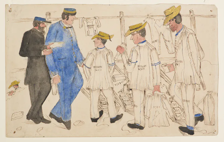 Illustration of convicts with two guards, the convicts are wearing white uniforms that say Medway, and flat, straw hats, very unlike the prisoners of today.