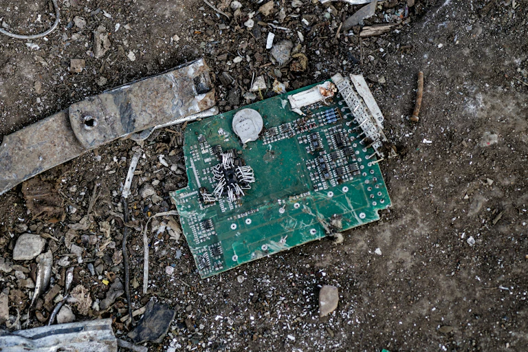 Un circuit imprimé et d'autres déchets métalliques, sur un sol de terre