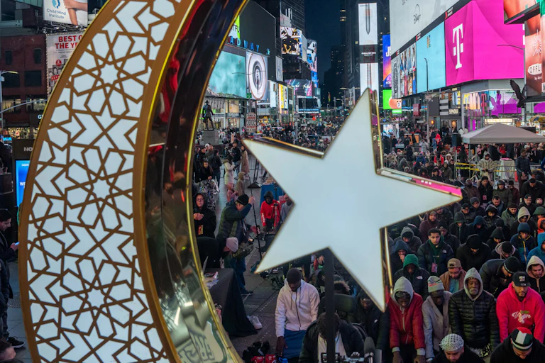 People gather Times Square.