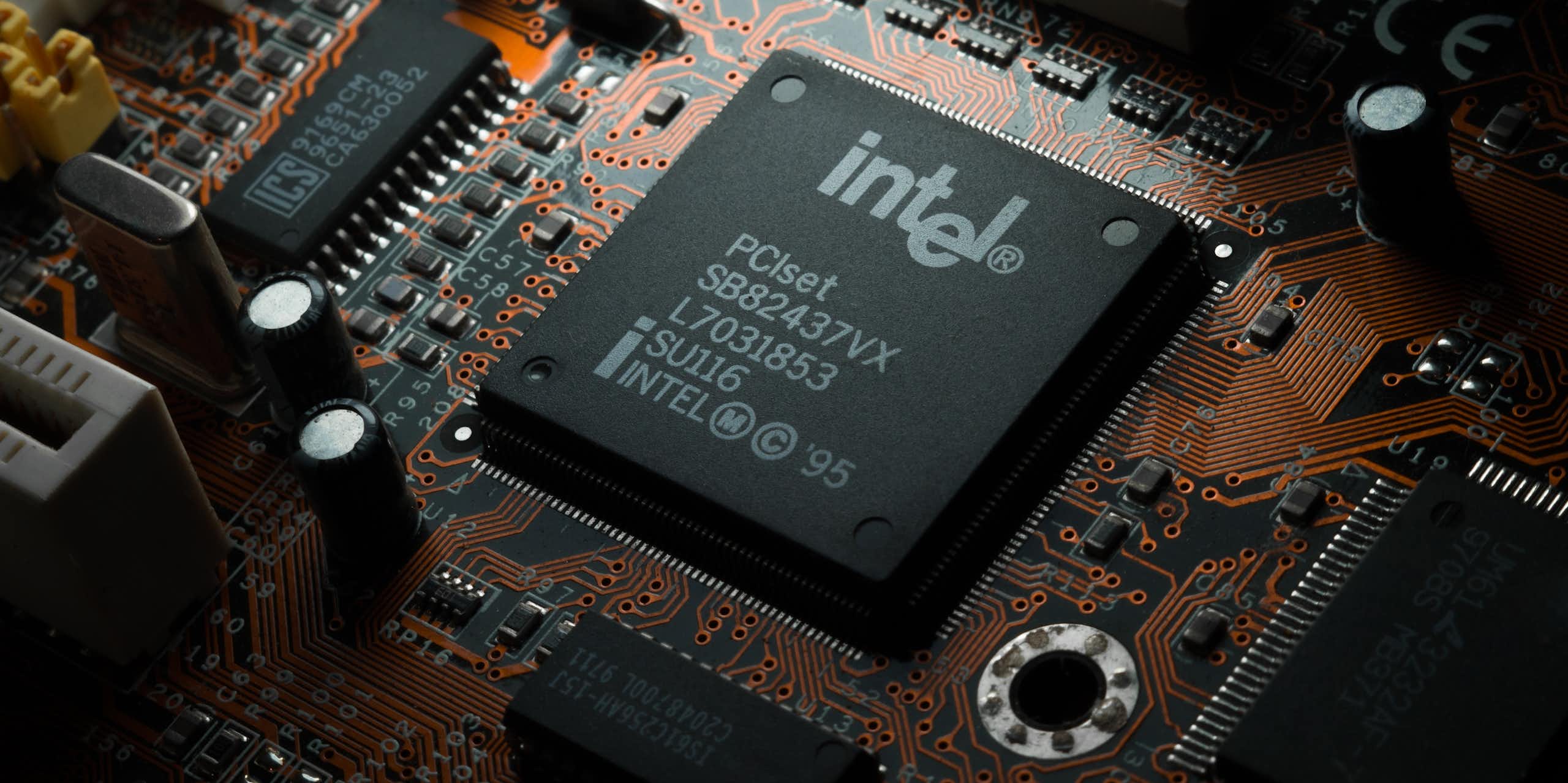 A close up of a computing chip on a computer motherboard