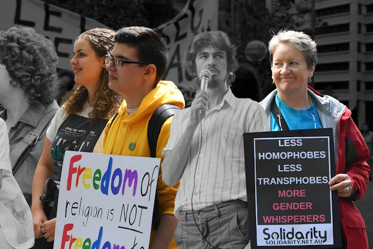 A composite image of protesters from the 1970s and the 2020s against LGBT discrimination in education