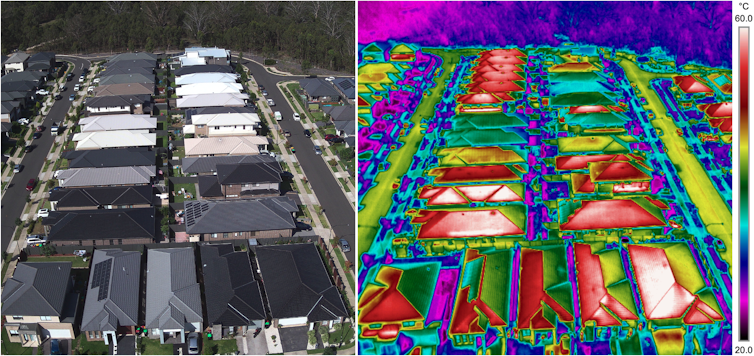 infrared image of housing estate showing dark roofs becoming much hotter than light