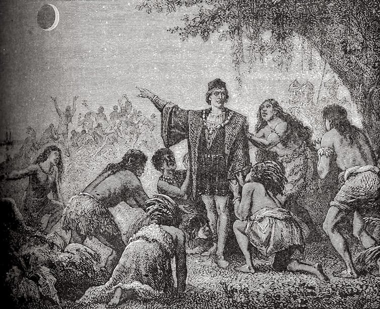 An old engraving showing a European man gesturing at a partially eclipsed Moon while others watch on.