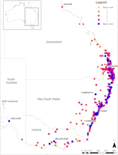 Coloured map of grey-headed flying fox counts across eastern Australia and across to South Australia