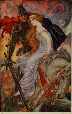 a woman in a flowing dress on a horse with a knight in armor
