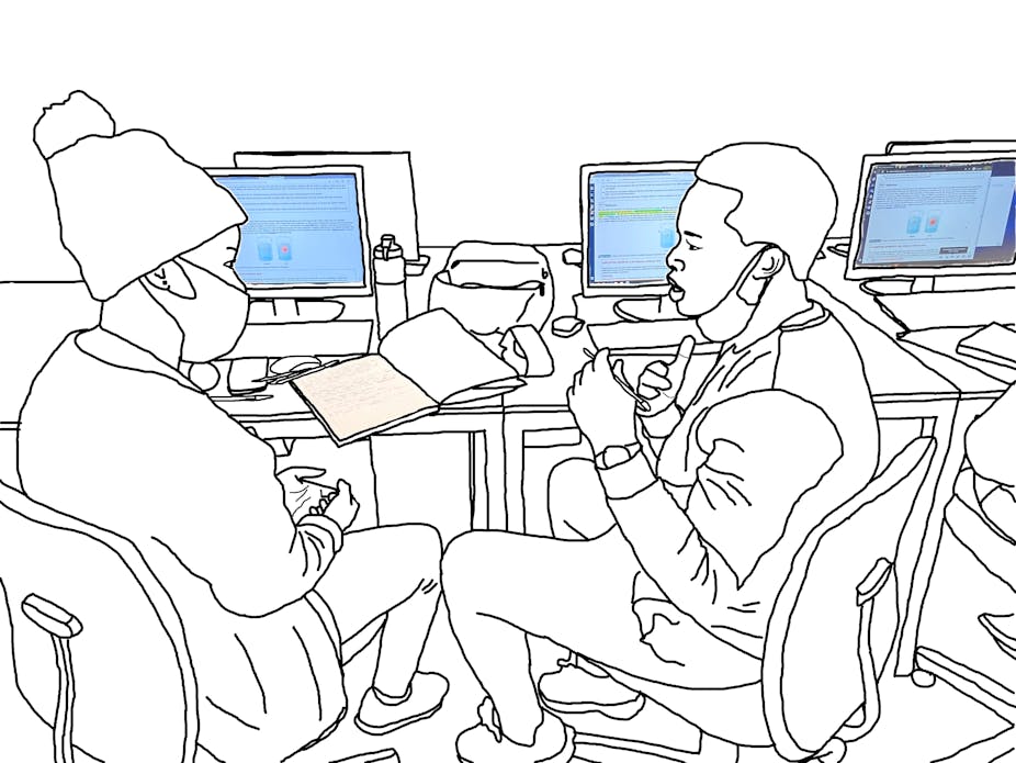 A digital sketch of two people sitting in front of a bank of computers, a book between them, talking.